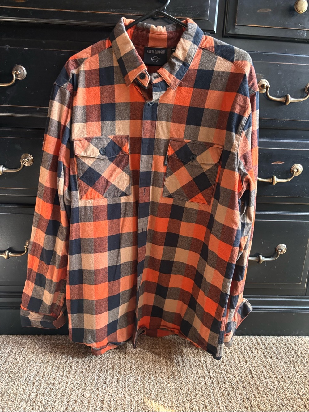 Harley-Davidson Orange Navy Beige Plaid Button-Up Shirt